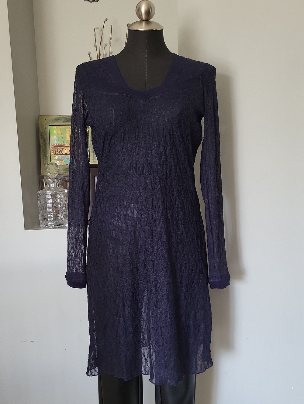 Sandwich Navy Blue Sheer Lagenlook Lace Tunic Dress  Women's size Medium